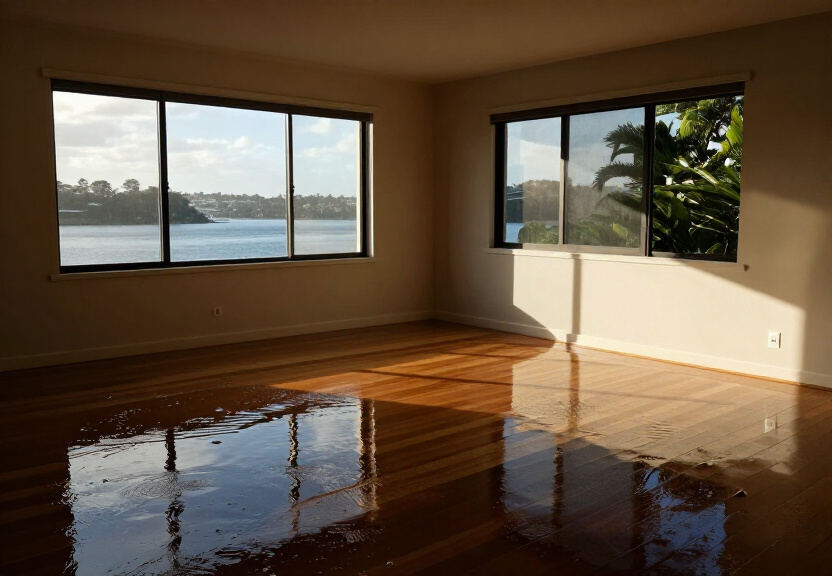 Flooded living room in Avalon Beach home before restoration
