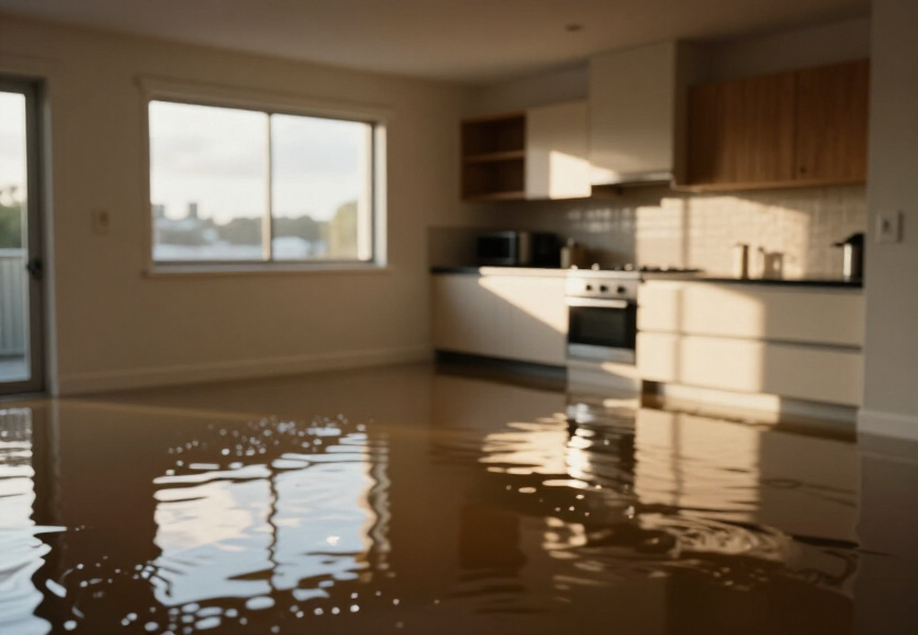 Wet subfloor in an older Avalon Beach home before drying